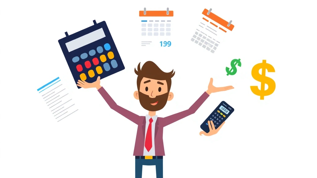 Animated character juggling multiple items representing invoices, calendar, calculator, and dollar signs, demonstrating 1099 contractor financial management and time tracking