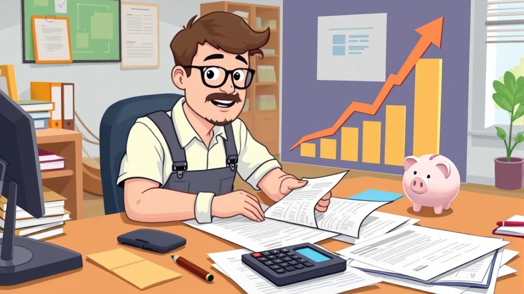 Cartoon scene showing a contractor reviewing financial documents, calculator, and tax forms on desk with organized filing system, piggy bank, and growth chart in background indicating increasing income