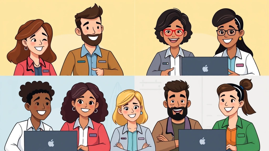 Cartoon diverse contractors collaborating virtually on video call, smiling at screens, representing remote work flexibility and global connections