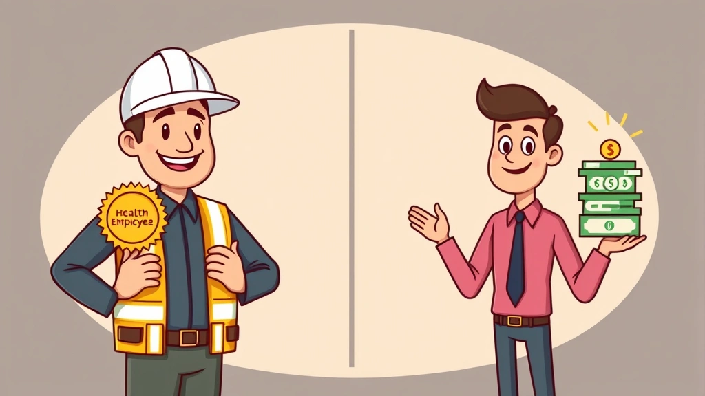 Cartoon scene showing a happy contractor comparing benefits: on one side a traditional employee with health insurance badge, on other side a freelancer with money stack and flexibility symbol
