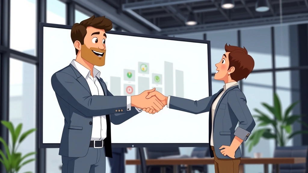 Animated professional presenting portfolio on large screen to impressed client, handshake between contractor and business person, modern office setting with positive energy