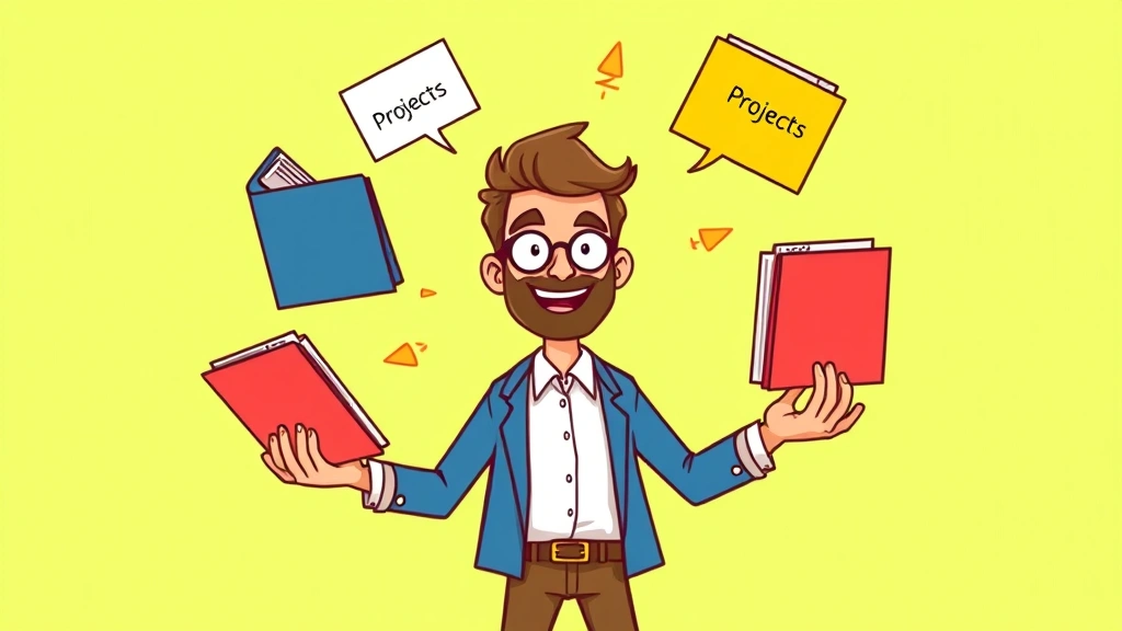 Cartoon independent contractor juggling multiple client projects simultaneously, holding different colored folders labeled with project names, smiling and energetic