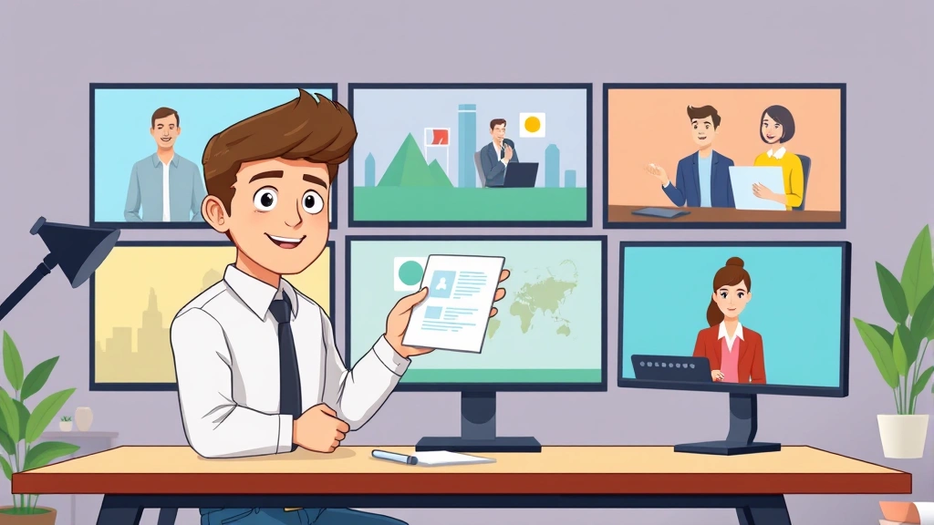 Young professional confidently presenting portfolio to multiple clients on video screens simultaneously, diverse backgrounds, modern home office setup, cartoon style illustration, professional atmosphere