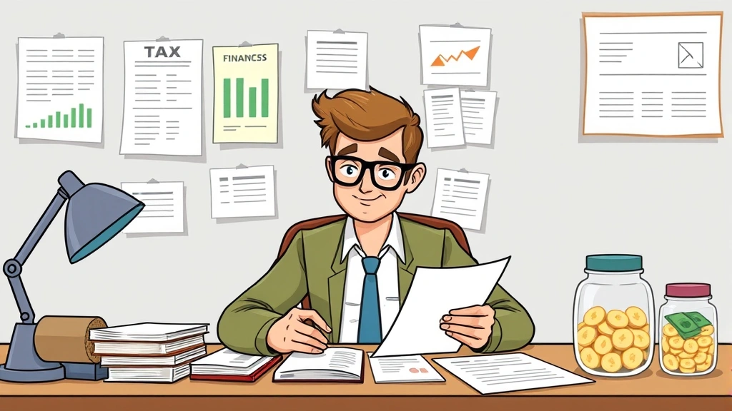Cartoon business owner managing finances with spreadsheets, tax forms, and savings jars, depicting organized financial planning for independent contractors