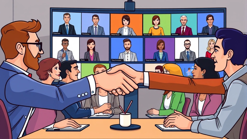Cartoon professional networking at a virtual conference, shaking hands with multiple clients on video screens, symbolizing building sustainable contracting relationships and client diversity