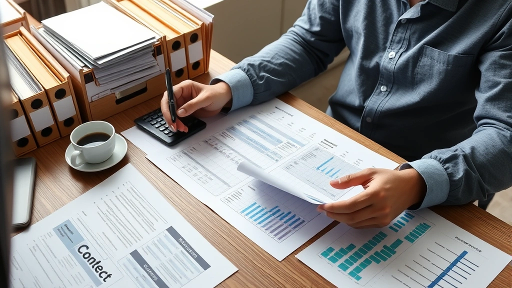 Independent contractor reviewing contract documents and financial spreadsheets at desk with calculator, coffee, and organized file folders