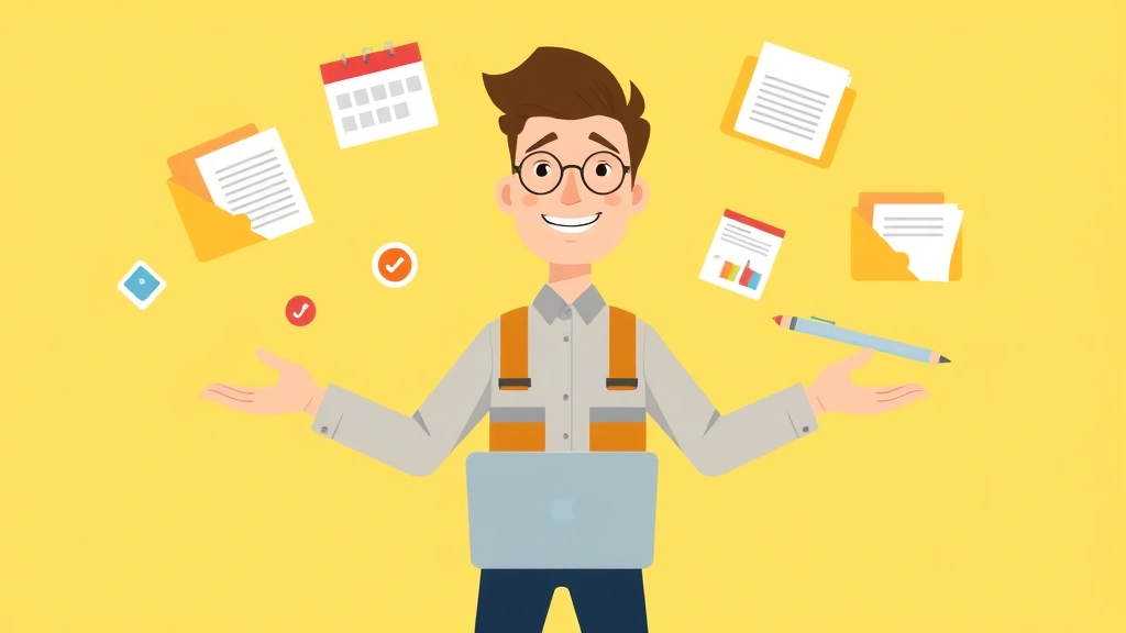 Cartoon illustration of a contractor juggling multiple projects and clients, with project folders, calendar, and laptop floating around them in a balanced way