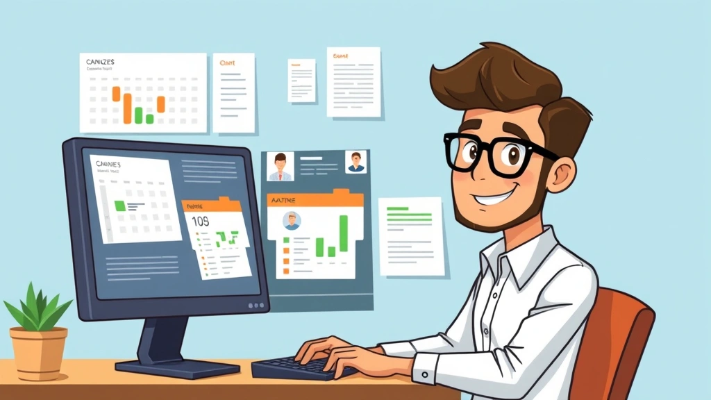 Successful business owner managing multiple projects with organized calendar, invoices, and client profiles displayed on computer screen, confident expression, professional cartoon illustration