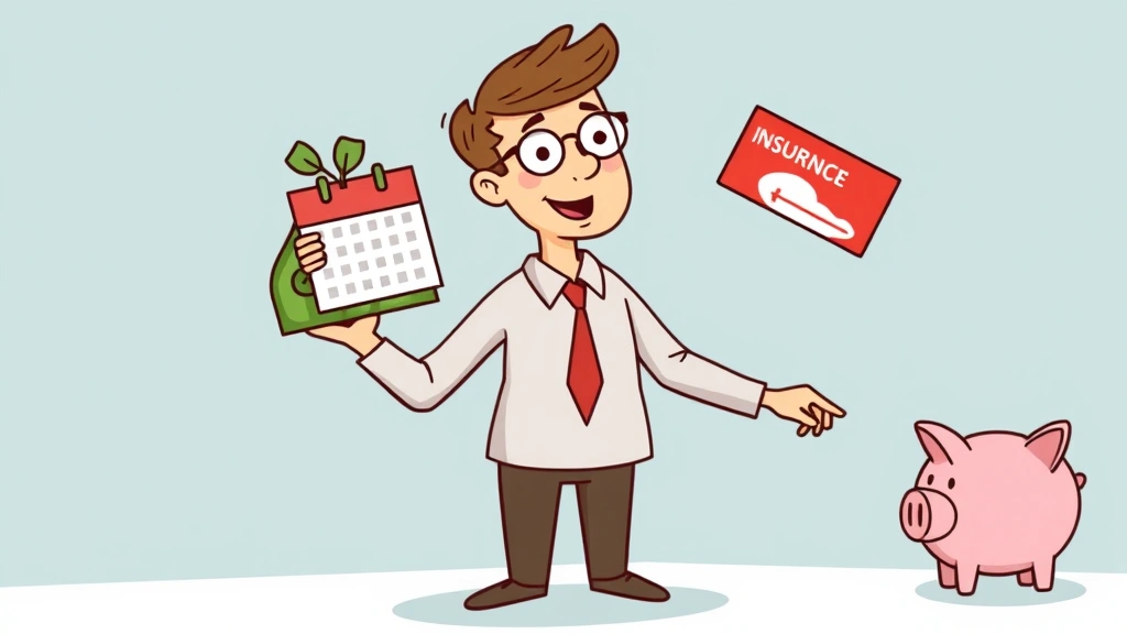 Cartoon illustration of a person balancing multiple items: money bag, calendar, health insurance card, and piggy bank, representing the financial management and benefits planning aspects of independent contracting