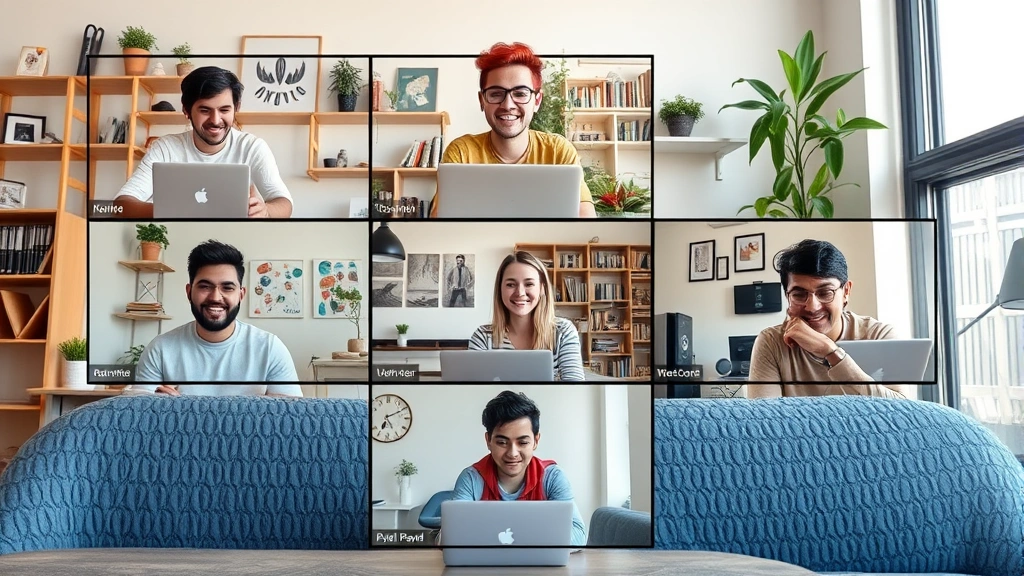 Diverse group of freelancers collaborating virtually on video call, each in different settings (home, cafe, coworking space), happy and productive