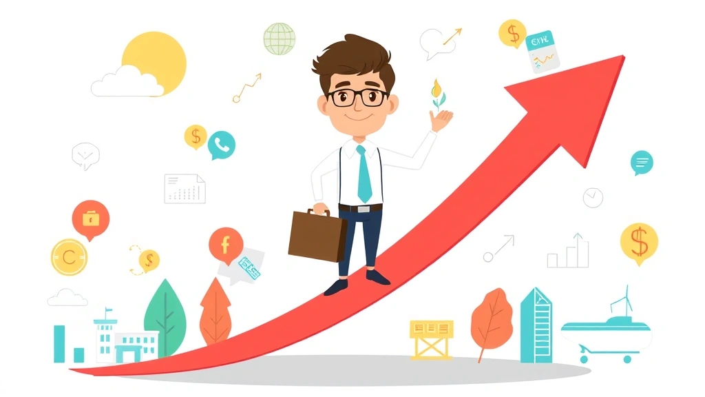 Cartoon character standing on upward trending arrow with dollar signs, holding briefcase, surrounded by diverse client icons representing different industries