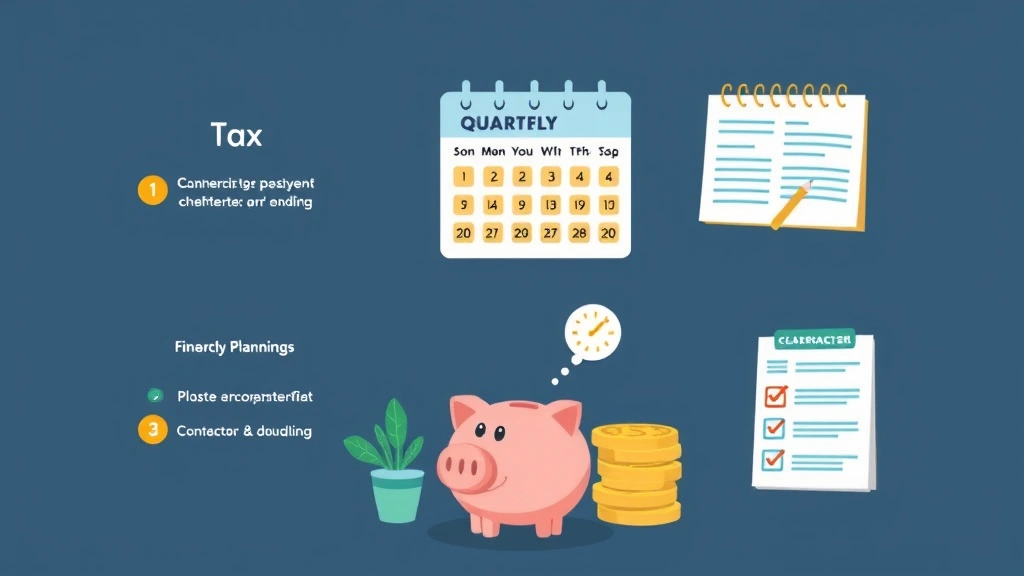 Tax calendar showing quarterly payment deadlines with piggy bank, financial planning tools, and checklist items, colorful cartoon illustration representing contractor tax planning