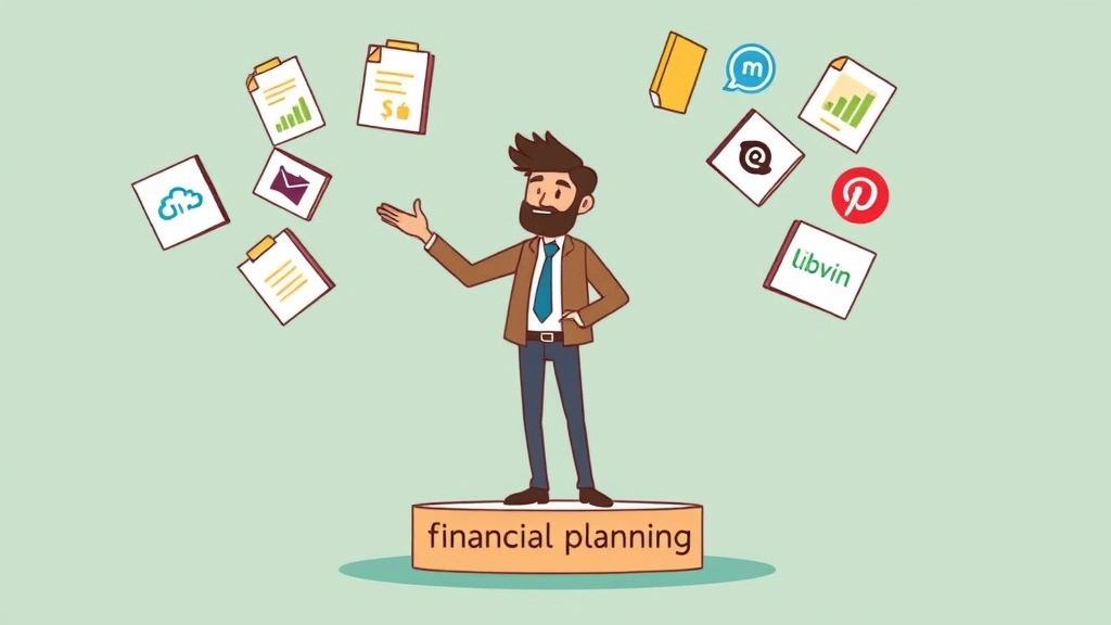 Cartoon independent contractor juggling multiple project files and client logos while standing on a stable platform labeled 'financial planning,' depicting work-life balance and business growth