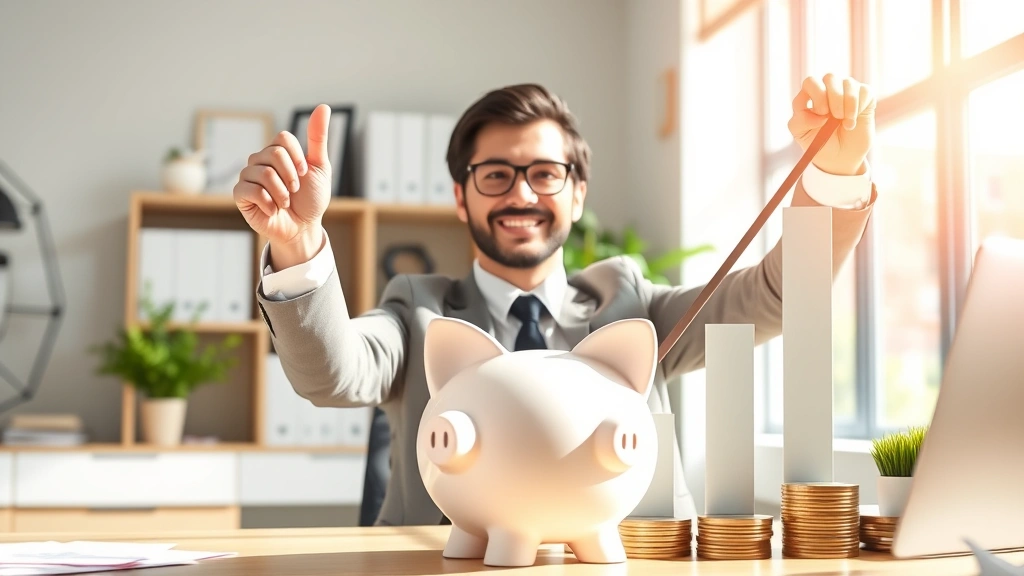 Independent professional celebrating financial success with upward trending graph, piggy bank, and retirement savings growth visualization, sunny office environment with motivational elements