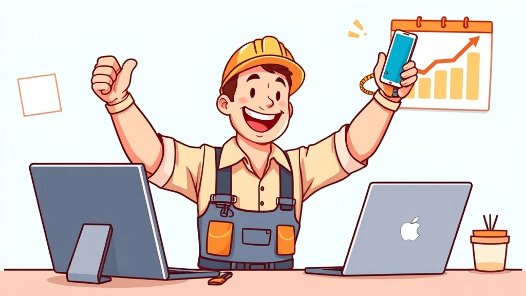 Happy contractor celebrating success with upward trending graph, calendar showing flexible schedule, laptop and smartphone nearby, motivational cartoon art style