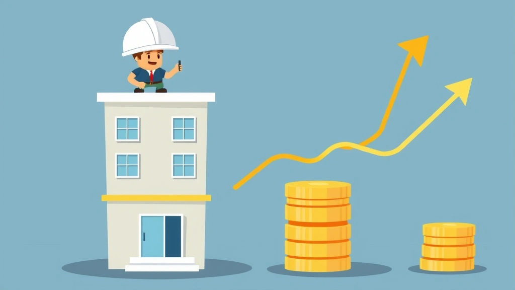 Cartoon contractor building financial foundation with stacked coins and growth chart, upward arrow, success symbol, professional appearance