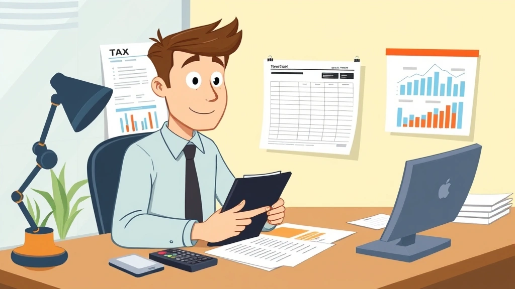 Cartoon freelancer reviewing tax documents and financial spreadsheets at desk with calculator and business charts, representing 1099 tax obligations and financial planning