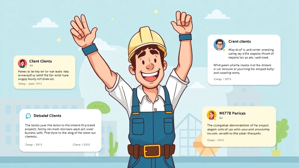 Cartoon illustration of happy contractor celebrating successful project completion with multiple clients, showing income growth chart, client testimonials, and thriving 1099 business practice with positive professional atmosphere
