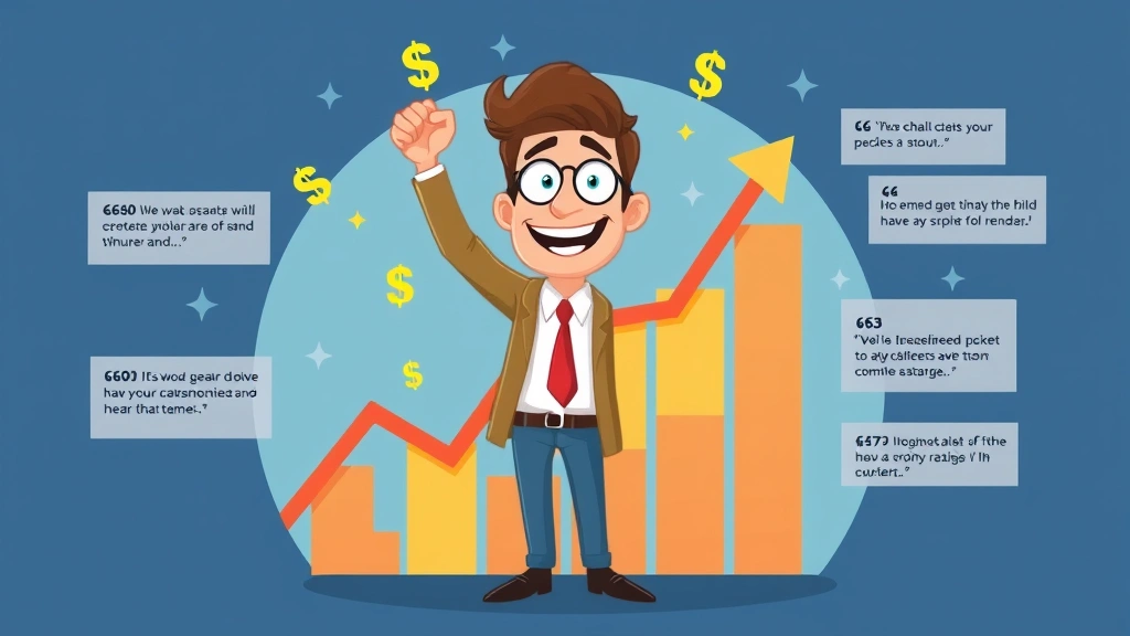 Cartoon entrepreneur celebrating business growth with upward trending graph, dollar signs, and satisfied client testimonials appearing around them in colorful design