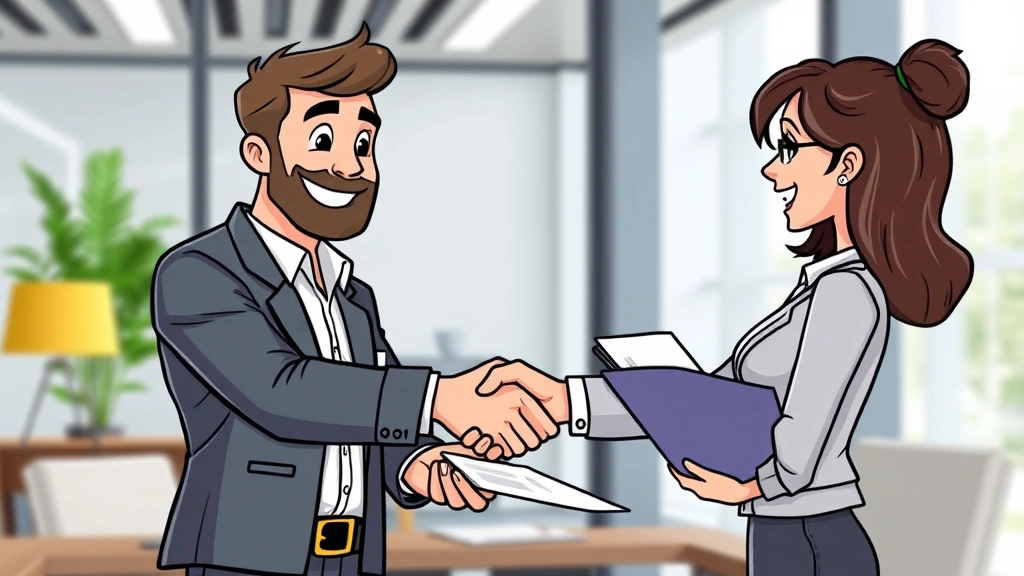 Cartoon contractor shaking hands with client in modern office setting, contract documents visible, both parties smiling, representing successful business partnership and negotiations