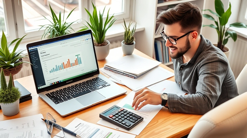 Independent contractor working flexibly from home office setup with financial documents, calculator, laptop showing tax software, organized workspace with plants