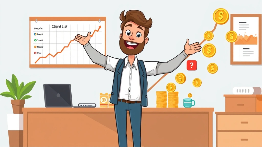 Cheerful cartoon entrepreneur celebrating with upward trending graph, growing client list on wall, and multiple income streams represented by different colored coins and payment methods flowing in