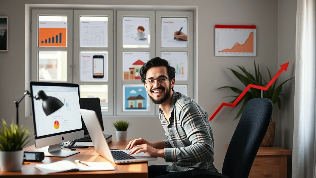 Cheerful freelancer working from home office with multiple project windows open, calendar, and growth chart, symbolizing successful 1099 business management and scaling