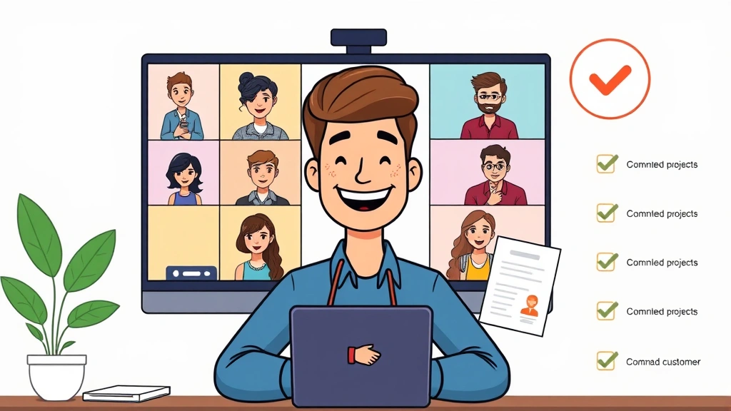Cartoon illustration of a happy freelancer on video call with multiple clients appearing on screen, handshake icon, contract documents, and checkmarks showing completed projects and satisfied customers