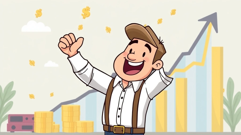 Cartoon independent contractor celebrating success with upward trending graph, money symbols, and growth chart in background, energetic and positive mood