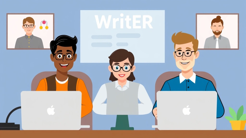 Cartoon illustration of a diverse group of contractors (designer, programmer, consultant, writer) at a virtual networking event on computer screens, representing finding 1099 job opportunities online