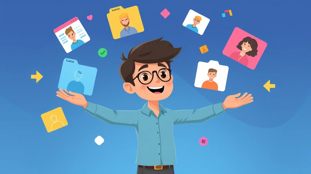 Cartoon freelancer juggling multiple project folders and client avatars, showing flexibility and multitasking, colorful task management interface elements around figure
