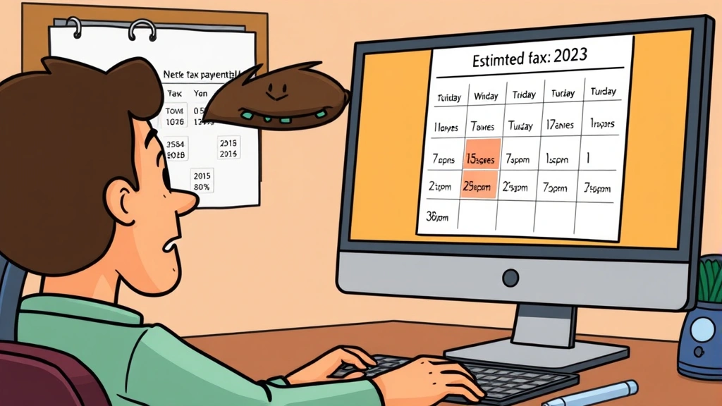 Cartoon person reviewing quarterly tax payment schedule on calendar with highlighted dates, computer screen showing estimated tax form, focused and prepared expression