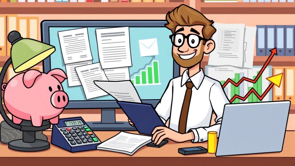 Cartoon freelancer managing finances with piggy bank, tax documents, calculator, invoice forms, and growth chart showing increasing income, organized workspace with filing system, confident expression