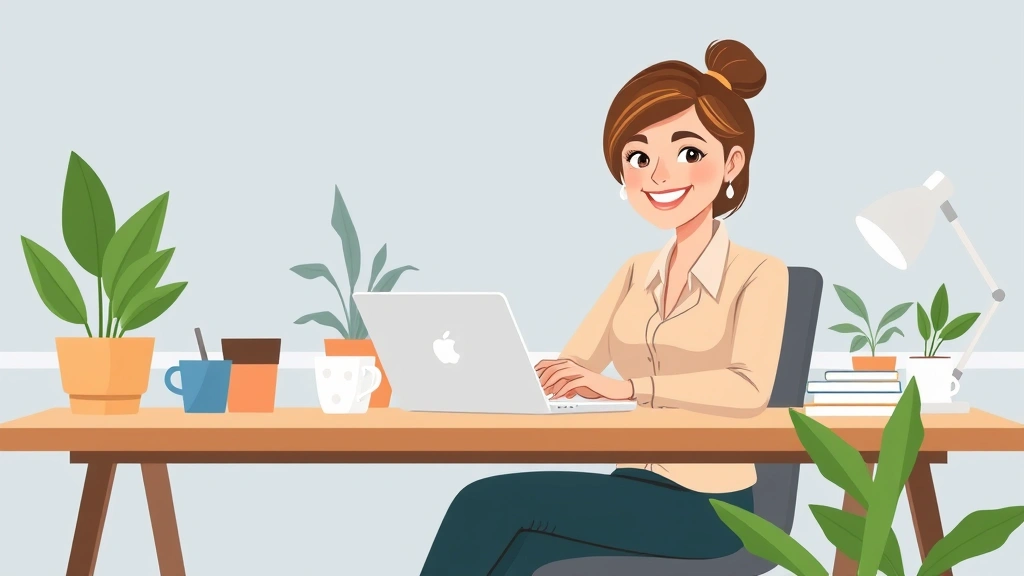 Professional woman working on laptop at home desk with coffee and plants, smiling confidently, modern minimalist workspace, cartoon illustration style