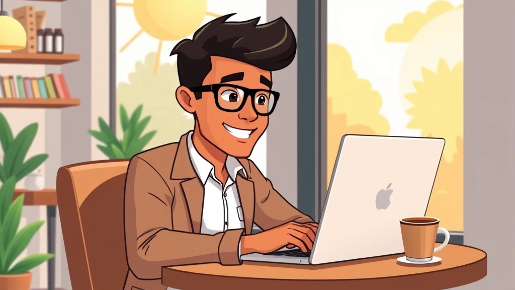 Cartoon illustration of diverse freelancer at laptop working remotely from coffee shop, laptop screen glowing, coffee cup nearby, sunny window background, professional casual attire