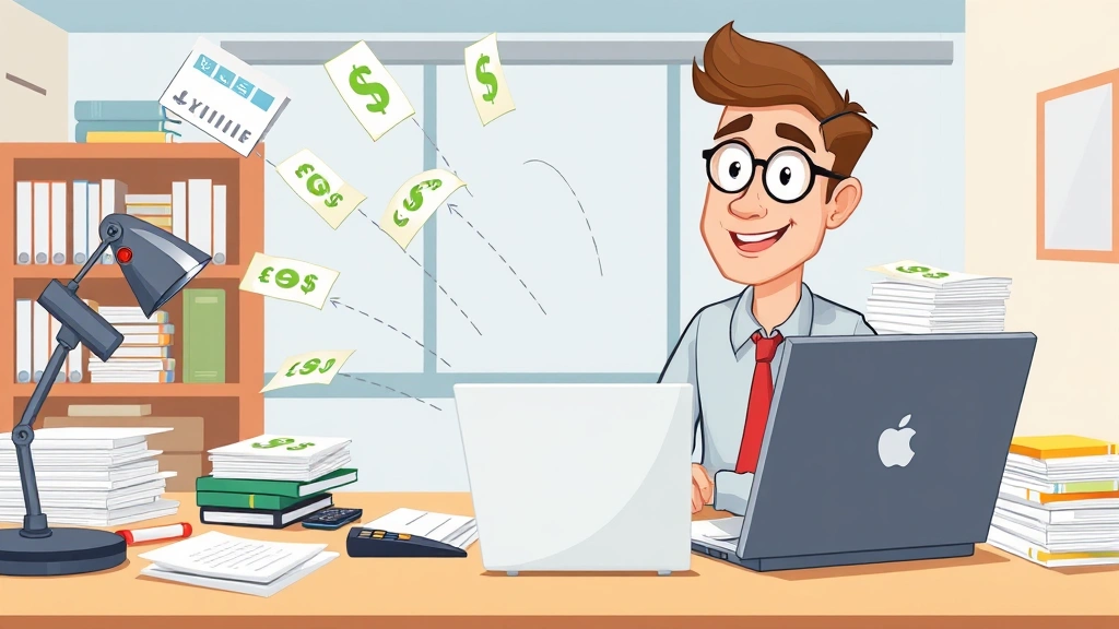 Cartoon professional sitting at desk with laptop, calculator, and stacks of papers, showing diverse income streams flowing in from multiple directions, bright and organized workspace