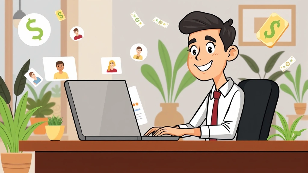 Cartoon professional working at laptop with multiple client windows open, earning money symbols floating around, home office background with plants and desk setup, happy confident expression
