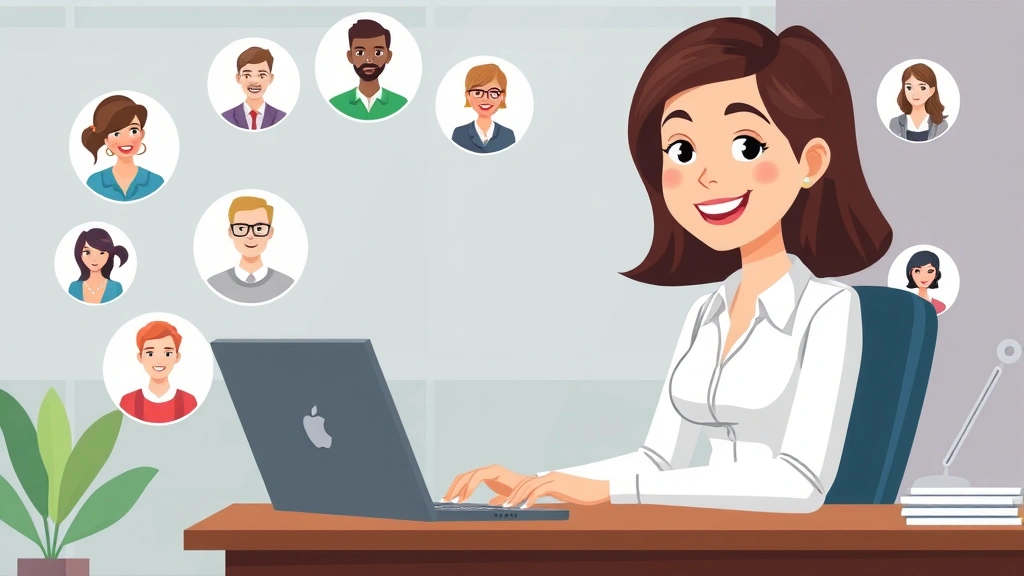 Cartoon professional woman sitting at desk with laptop, multiple client avatars floating around, representing diverse 1099 contractor work and client relationships