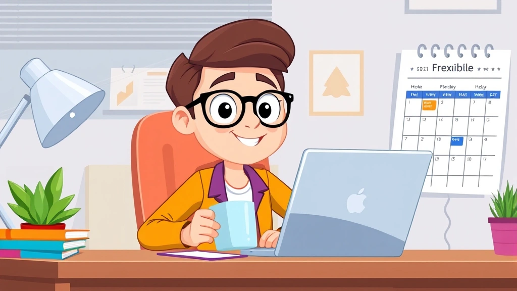 Cartoon professional freelancer sitting at desk with laptop, coffee mug, and calendar showing flexible schedule, smiling with freedom and independence vibes, bright colors