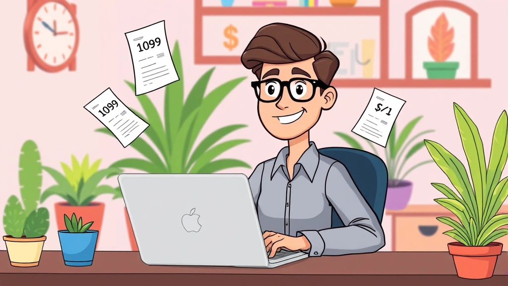 Cartoon professional freelancer working at laptop with floating 1099 forms and dollar signs, colorful workspace with plants, happy confident expression