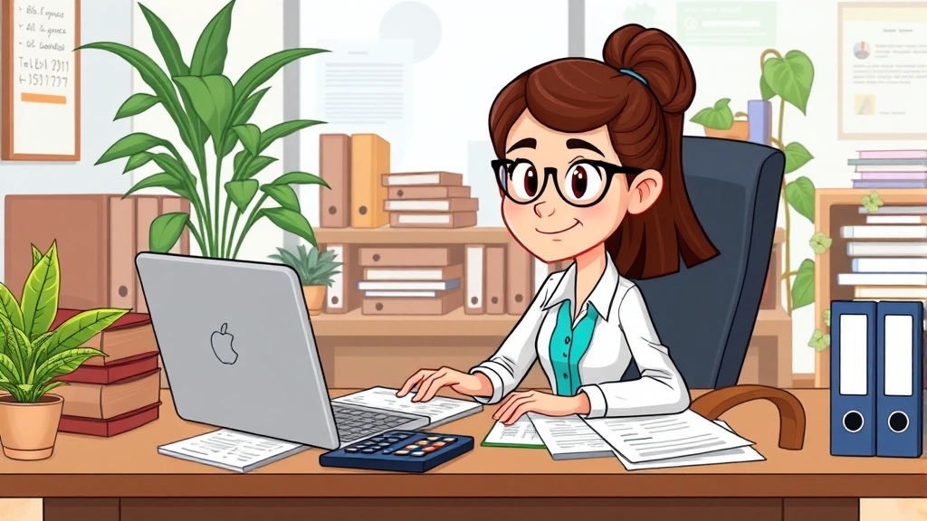 Cartoon professional sitting at desk with laptop and calculator, surrounded by tax documents and filing folders, looking focused and organized, office workspace with plants