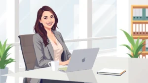 Professional woman sitting at modern desk with laptop, coffee cup, and notebook, smiling confidently at camera, bright office environment, digital illustration style