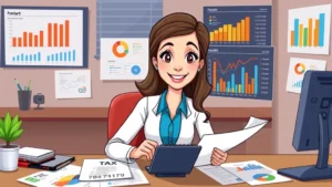 Cartoon professional woman reviewing tax documents and calculator at desk, surrounded by colorful budget spreadsheets and financial charts, friendly confident expression