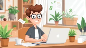 Cartoon freelancer working at laptop with floating dollar signs and contract documents around them, professional home office setting with plants and coffee cup