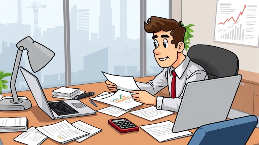 Cartoon illustration of a professional contractor at a desk reviewing contracts and financial documents, surrounded by paperwork, calculator, and laptop showing growth charts, confident expression, modern office setting