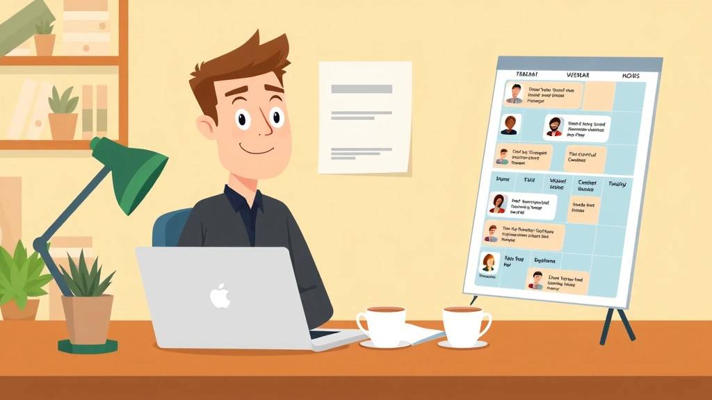 Cartoon freelancer sitting at desk with laptop, coffee cup, and calendar showing multiple client meetings, professional and productive atmosphere with warm lighting