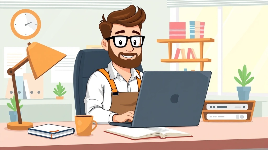 Professional contractor working on laptop at home office desk with coffee cup and notebook, cartoon style, bright colors, modern workspace setup