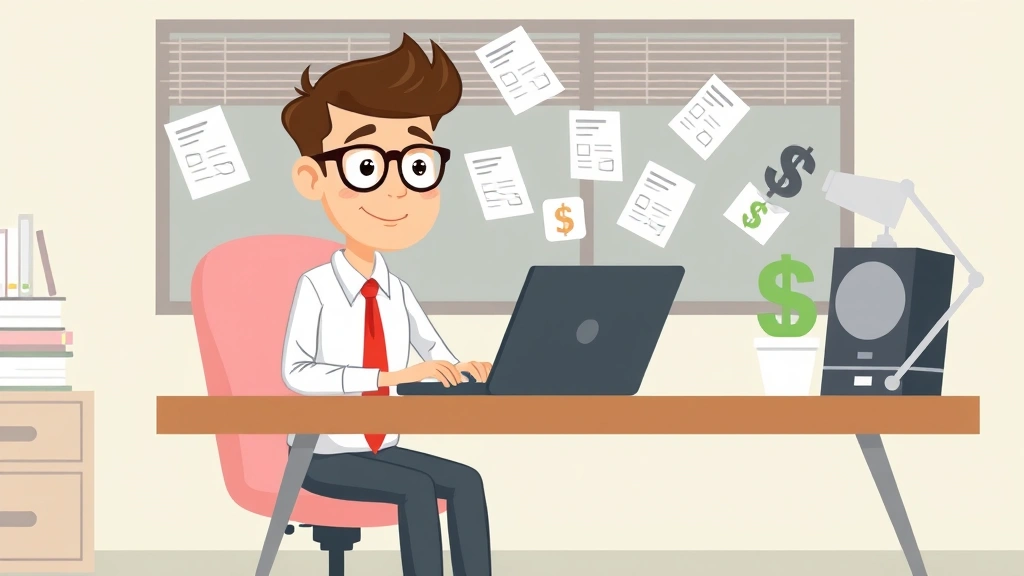 Cartoon professional sitting at desk with laptop, multiple floating project files and dollar signs around them, freelancer working from home office setup