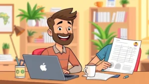 Cartoon freelancer sitting at desk with laptop, coffee cup, and calendar, smiling confidently while reviewing contract documents and invoices, bright home office background