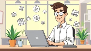 Cartoon illustration of a professional contractor working at a laptop with multiple floating icons representing different job industries like tech, finance, and creative services around them, bright modern workspace